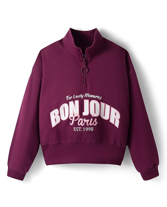 Pine Kids Looper Knit Full Sleeves High Neck Winter Wear Suit Set With Bonjour Text Print - Wine