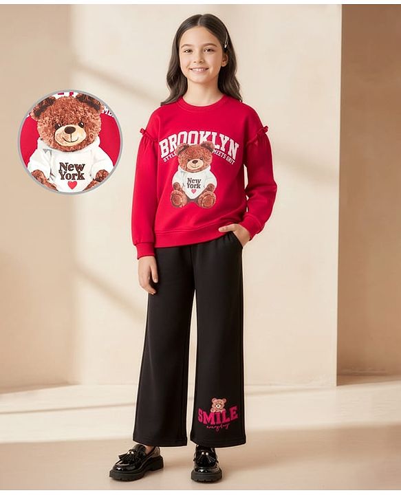 Pine Kids Looper Knit Full Sleeves Winter Wear Sweatshirt & Lounge Pant Set With Teddy Bear Print - Maroon & Black