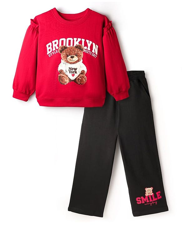 Pine Kids Looper Knit Full Sleeves Winter Wear Sweatshirt & Lounge Pant Set With Teddy Bear Print - Maroon & Black