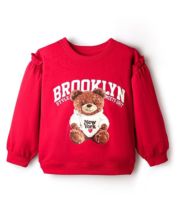 Pine Kids Looper Knit Full Sleeves Winter Wear Sweatshirt & Lounge Pant Set With Teddy Bear Print - Maroon & Black
