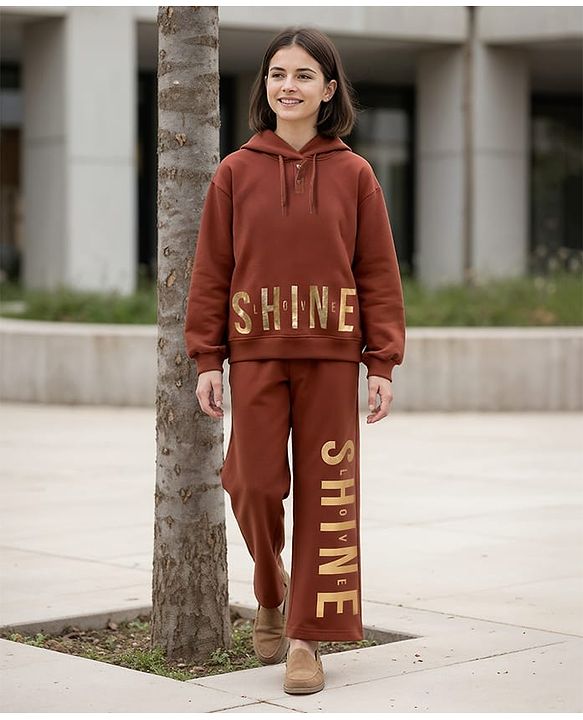 Pine Kids Looper Knit Full Sleeves Hooded Winter Wear Suit With Shine Text Print - Brown