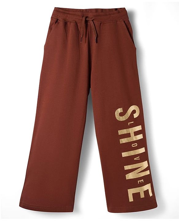 Pine Kids Looper Knit Full Sleeves Hooded Winter Wear Suit With Shine Text Print - Brown