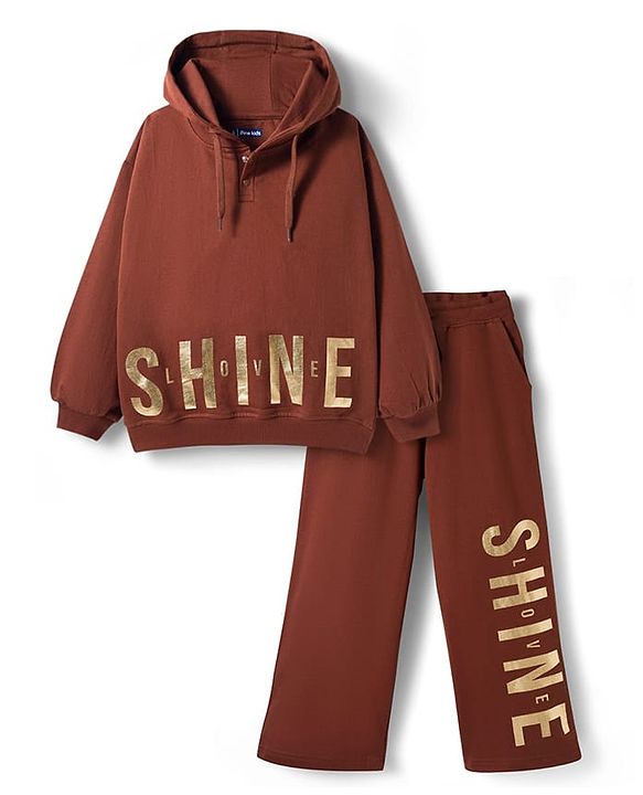 Pine Kids Looper Knit Full Sleeves Hooded Winter Wear Suit With Shine Text Print - Brown