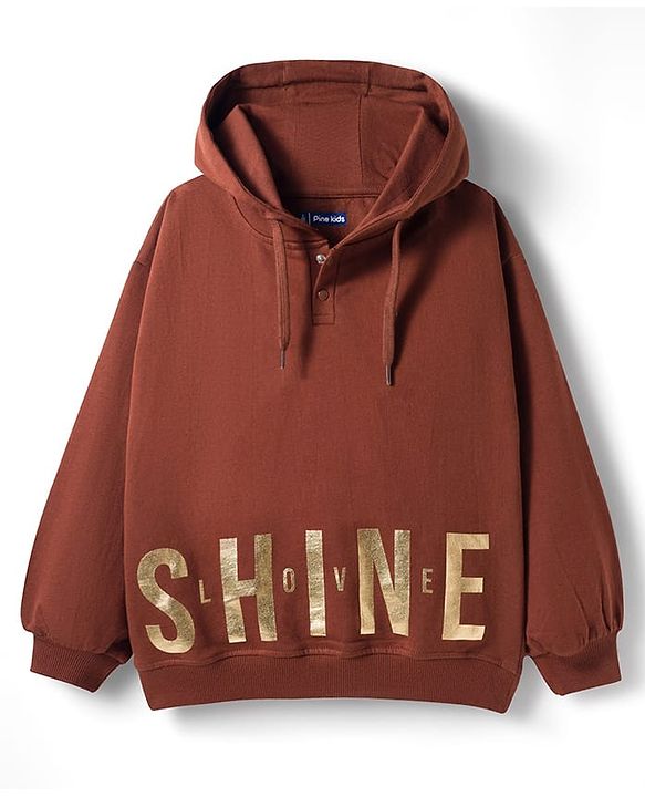 Pine Kids Looper Knit Full Sleeves Hooded Winter Wear Suit With Shine Text Print - Brown