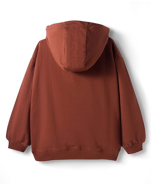 Pine Kids Looper Knit Full Sleeves Hooded Winter Wear Suit With Shine Text Print - Brown