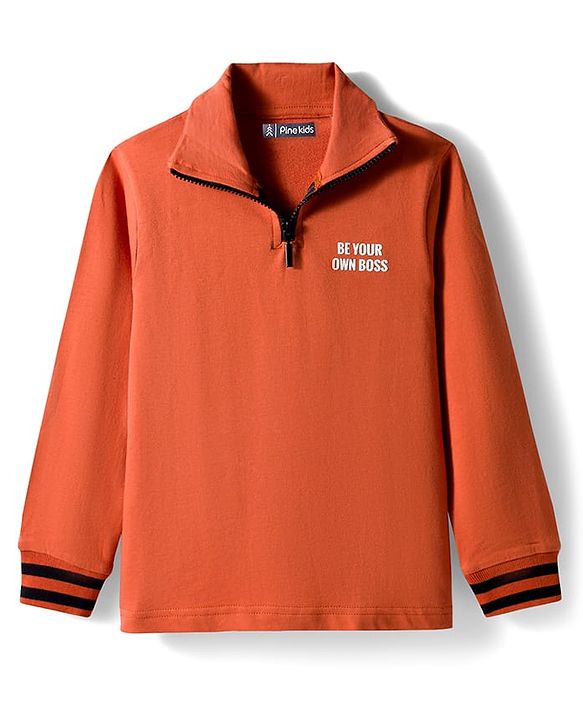 Pine Kids Looper Knit Full Sleeves Winter Wear T-Shirt & Lounge Pant Set With Text Print - Dark Orange