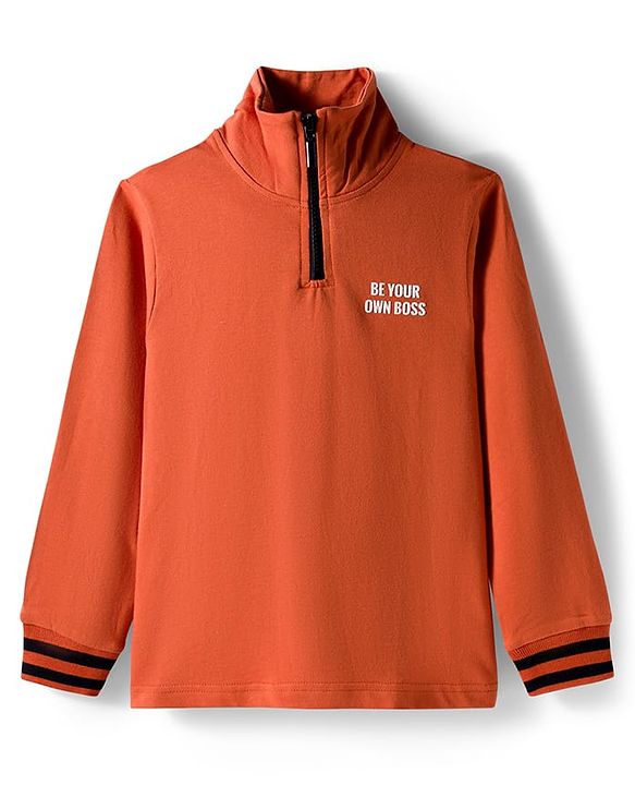 Pine Kids Looper Knit Full Sleeves Winter Wear T-Shirt & Lounge Pant Set With Text Print - Dark Orange