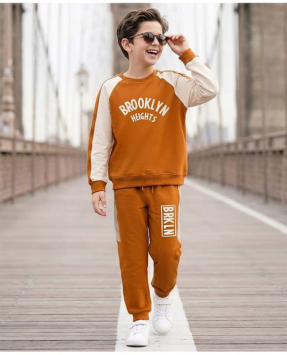 Pine Kids Looper Knit Full Raglan Sleeves Winter Wear Suit With Brooklyn Text Print - Light Brown