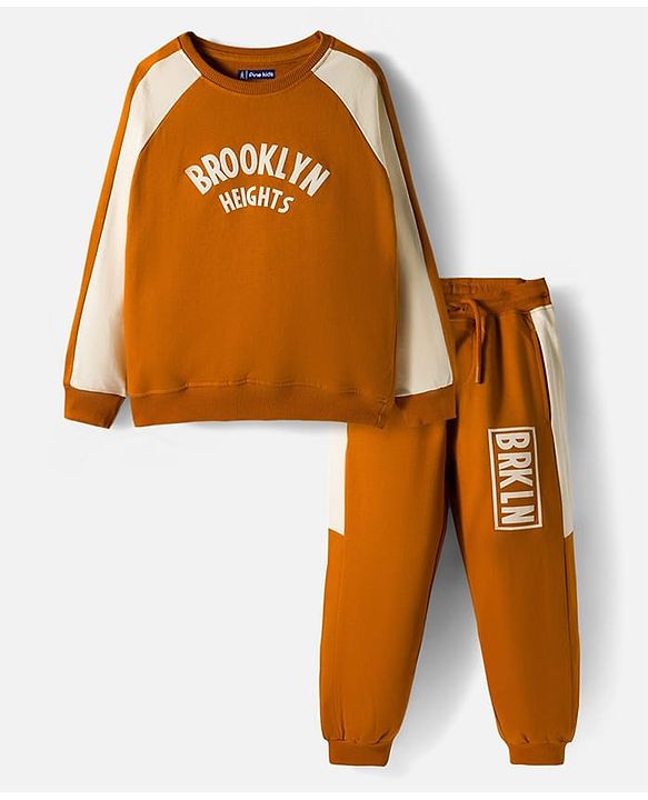 Pine Kids Looper Knit Full Raglan Sleeves Winter Wear Suit With Brooklyn Text Print - Light Brown