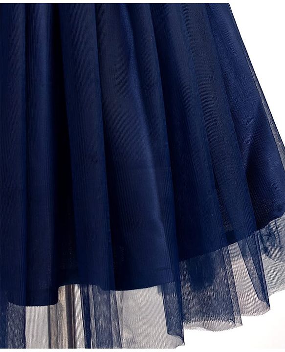 Pine Kids Woven Cap Sleeves Party Gown With Bow Applique & Sequin Detailing - Navy Blue