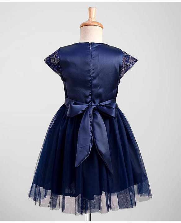 Pine Kids Woven Cap Sleeves Party Gown With Bow Applique & Sequin Detailing - Navy Blue