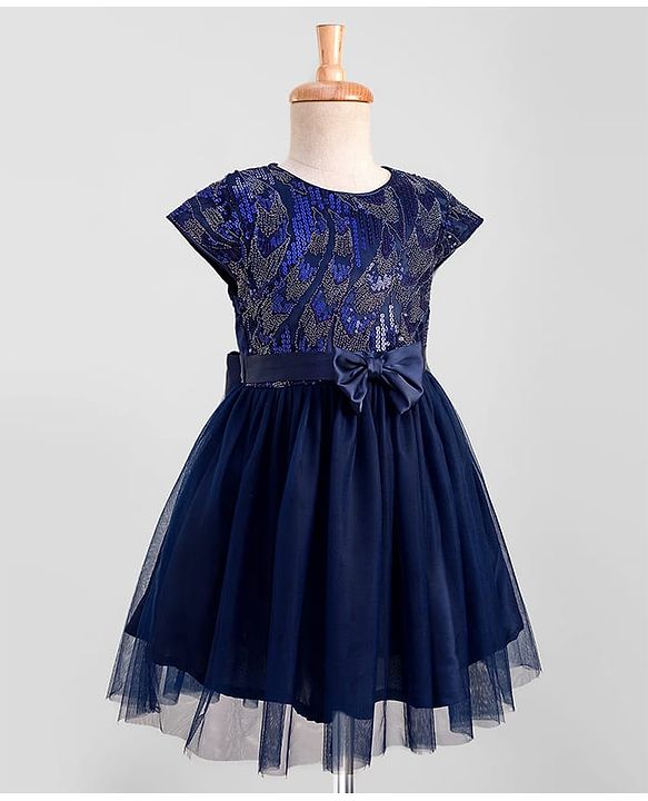 Pine Kids Woven Cap Sleeves Party Gown With Bow Applique & Sequin Detailing - Navy Blue