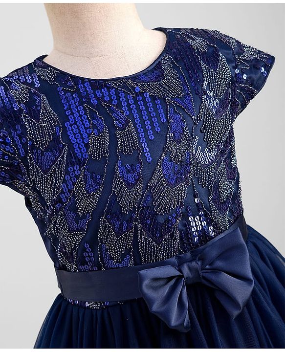 Pine Kids Woven Cap Sleeves Party Gown With Bow Applique & Sequin Detailing - Navy Blue