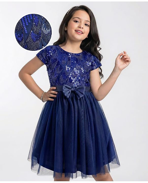 Pine Kids Woven Cap Sleeves Party Gown With Bow Applique & Sequin Detailing - Navy Blue