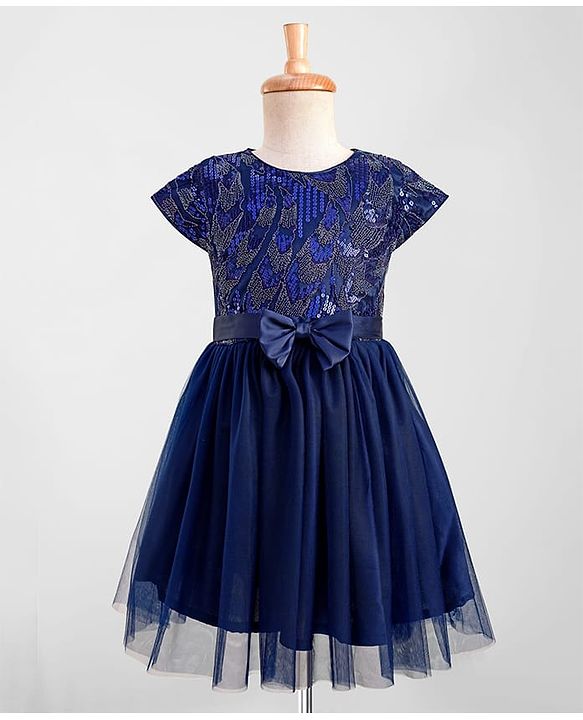 Pine Kids Woven Cap Sleeves Party Gown With Bow Applique & Sequin Detailing - Navy Blue
