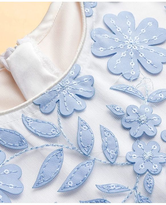 Pine Kids Woven Half Sleeves Party Dress with Floral Embroidery & Bow Applique - White