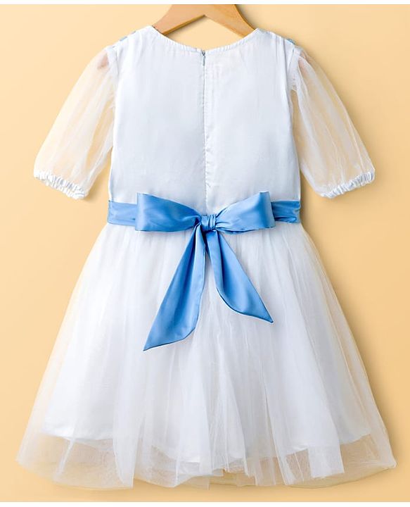 Pine Kids Woven Half Sleeves Party Dress with Floral Embroidery & Bow Applique - White