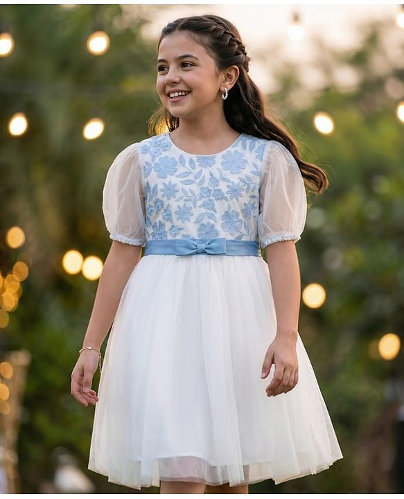 Pine Kids Woven Half Sleeves Party Dress with Floral Embroidery & Bow Applique - White