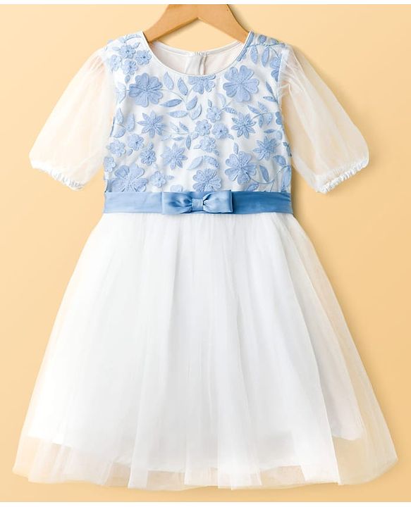 Pine Kids Woven Half Sleeves Party Dress with Floral Embroidery & Bow Applique - White