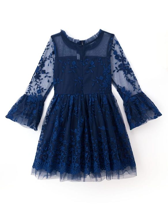 Pine Kids Woven Full Sleeves Party Dress With Floral Embroidery - Navy Blue