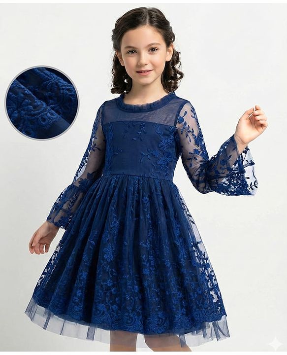 Pine Kids Woven Full Sleeves Party Dress With Floral Embroidery - Navy Blue