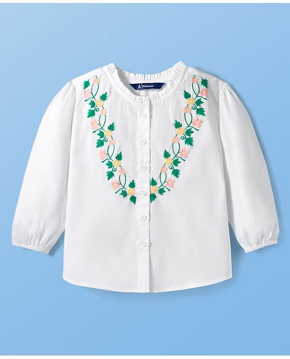 Pine Kids Cotton Woven Full Sleeves Front Open Top with Floral Embroidery - White