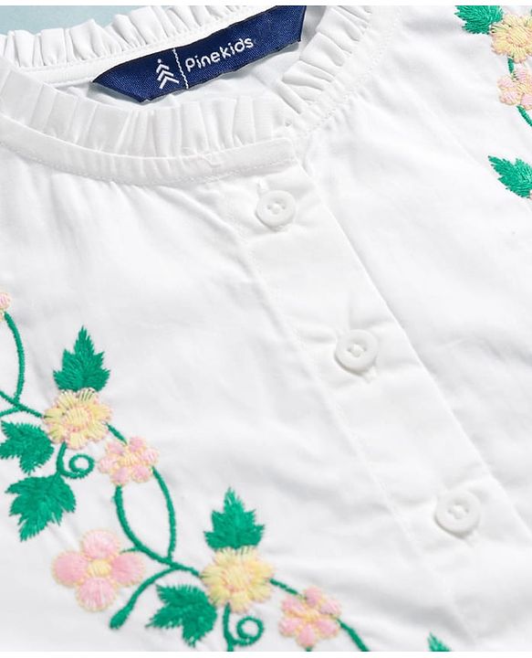 Pine Kids Cotton Woven Full Sleeves Front Open Top with Floral Embroidery - White