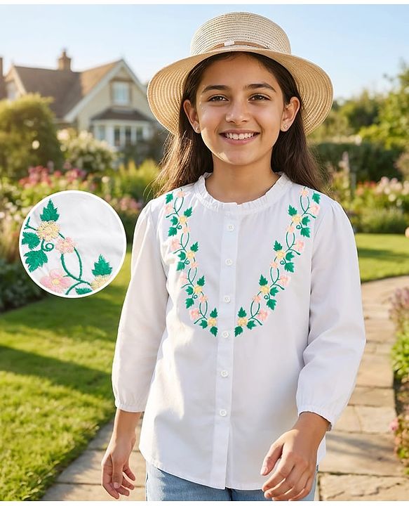 Pine Kids Cotton Woven Full Sleeves Front Open Top with Floral Embroidery - White