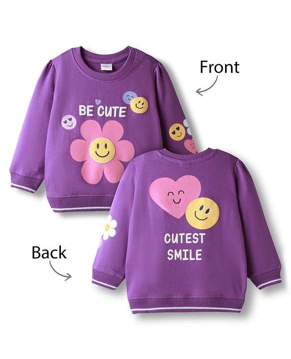 Babyhug Cotton Knit Drop Shoulder Full Sleeves Pullover Sweatshirt with Smiley Graphics - Purple