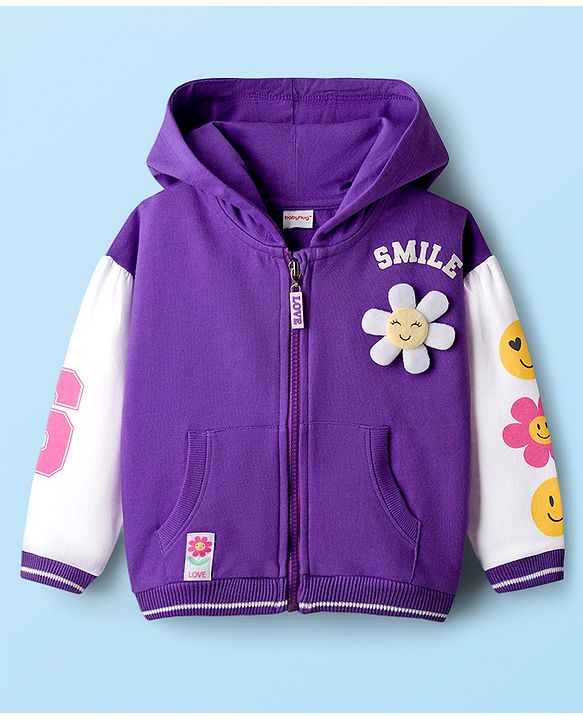 Babyhug Cotton Knit Full Sleeves Hooded Sweatjacket With Floral Graphics & Applique - Purple