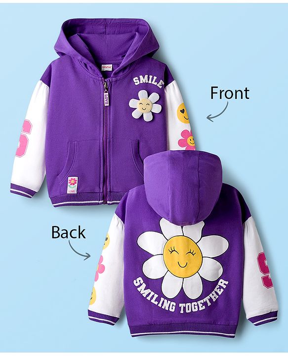 Babyhug Cotton Knit Full Sleeves Hooded Sweatjacket With Floral Graphics & Applique - Purple