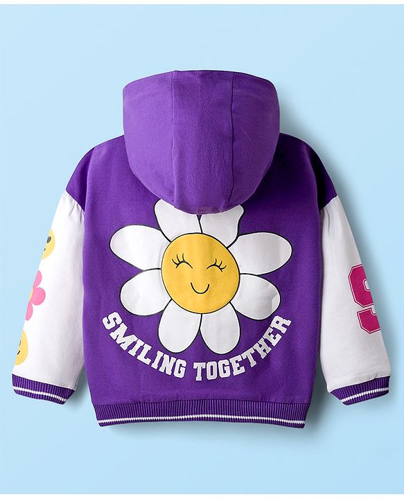 Babyhug Cotton Knit Full Sleeves Hooded Sweatjacket With Floral Graphics & Applique - Purple