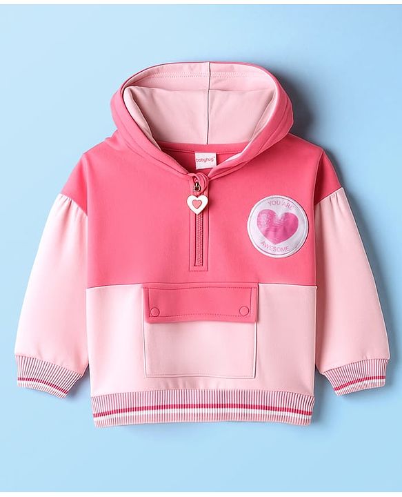 Babyhug Cotton Knit Full Sleeves Hooded Cut & Sew Sweatshirt with Heart Patch Detailing - Pink