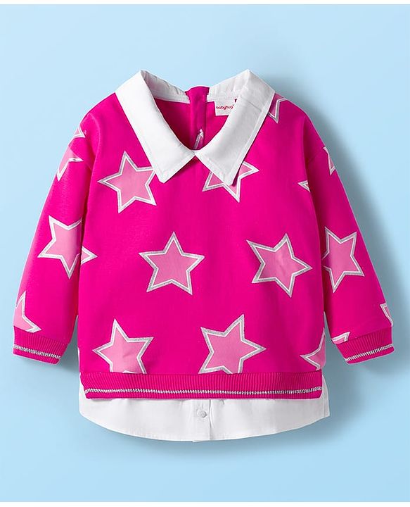 Babyhug Cotton Knit Full Sleeves Sweatshirt With Foil Star Print - Dark Pink