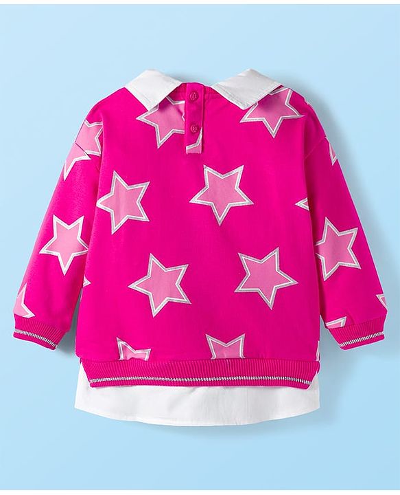 Babyhug Cotton Knit Full Sleeves Sweatshirt With Foil Star Print - Dark Pink