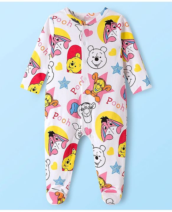 Babyhug Disney Interlock Knit Full Sleeves Footed Sleepsuits With Winnie the Pooh Graphics Pack Of 2 - White & Light Blue