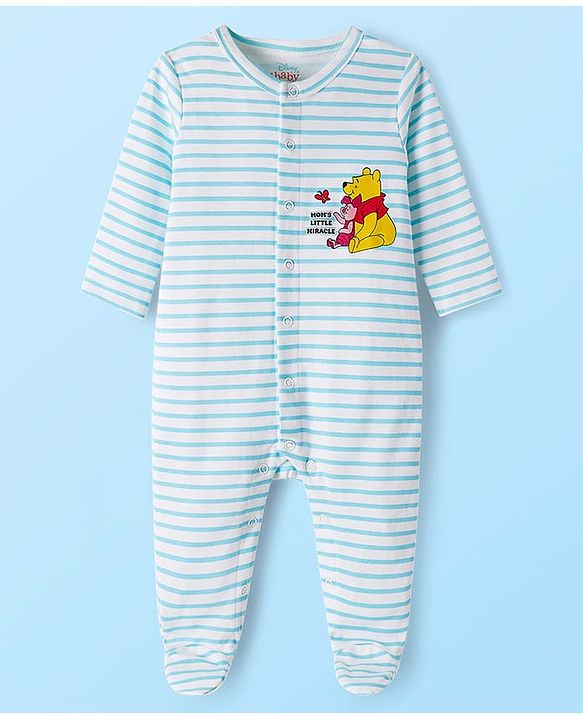 Babyhug Disney Interlock Knit Full Sleeves Footed Sleepsuits With Winnie the Pooh Graphics Pack Of 2 - White & Light Blue