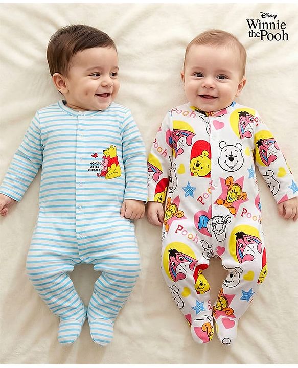 Babyhug Disney Interlock Knit Full Sleeves Footed Sleepsuits With Winnie the Pooh Graphics Pack Of 2 - White & Light Blue