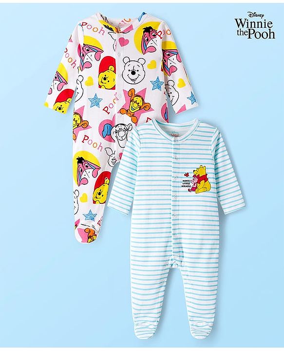 Babyhug Disney Interlock Knit Full Sleeves Footed Sleepsuits With Winnie the Pooh Graphics Pack Of 2 - White & Light Blue