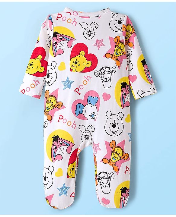 Babyhug Disney Interlock Knit Full Sleeves Footed Sleepsuits With Winnie the Pooh Graphics Pack Of 2 - White & Light Blue