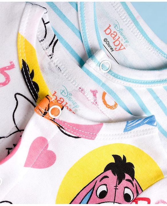 Babyhug Disney Interlock Knit Full Sleeves Footed Sleepsuits With Winnie the Pooh Graphics Pack Of 2 - White & Light Blue