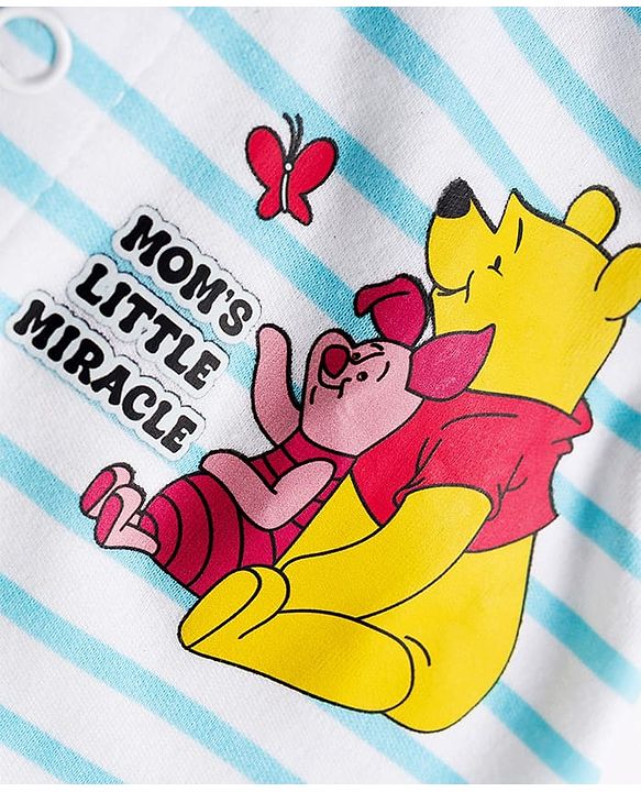 Babyhug Disney Interlock Knit Full Sleeves Footed Sleepsuits With Winnie the Pooh Graphics Pack Of 2 - White & Light Blue