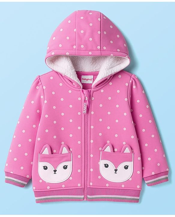 Babyhug Cotton Knit Full Sleeves Hooded Sweatjacket with Polka Dots Print - Pink