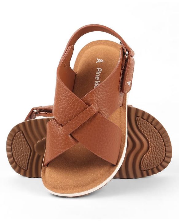 Pine Kids Velcro Closure Solid Colour Mojaris -   Tan