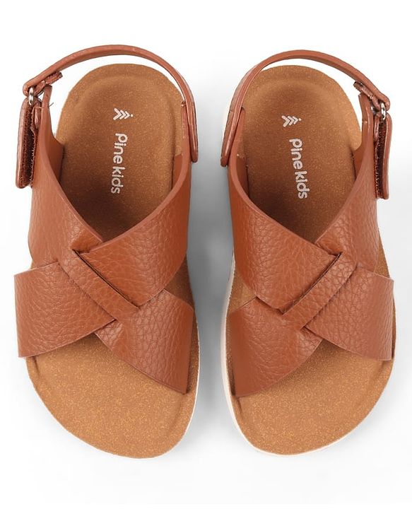 Pine Kids Velcro Closure Solid Colour Mojaris -   Tan
