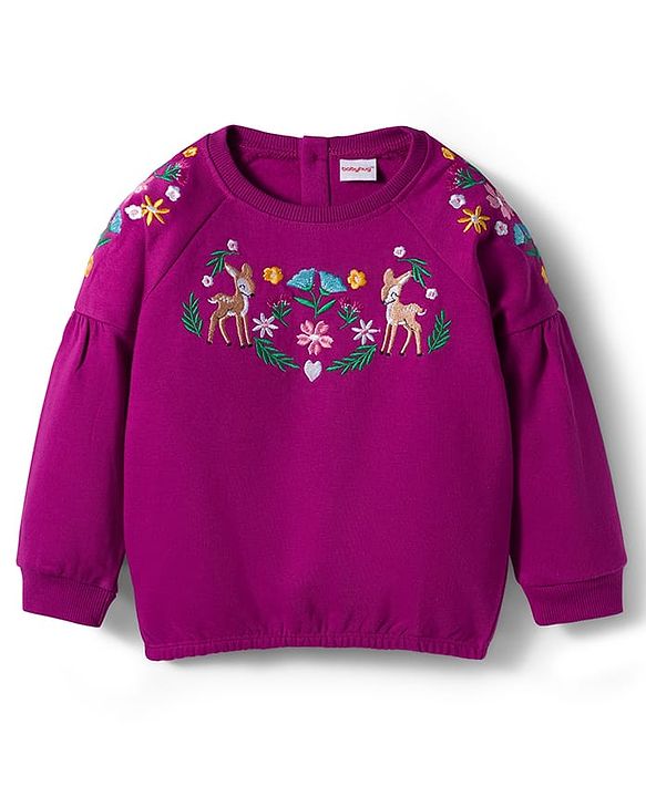Babyhug Cotton Knit Full Raglan Sleeves Sweatshirt With Animal & Floral Embroidery - Purple