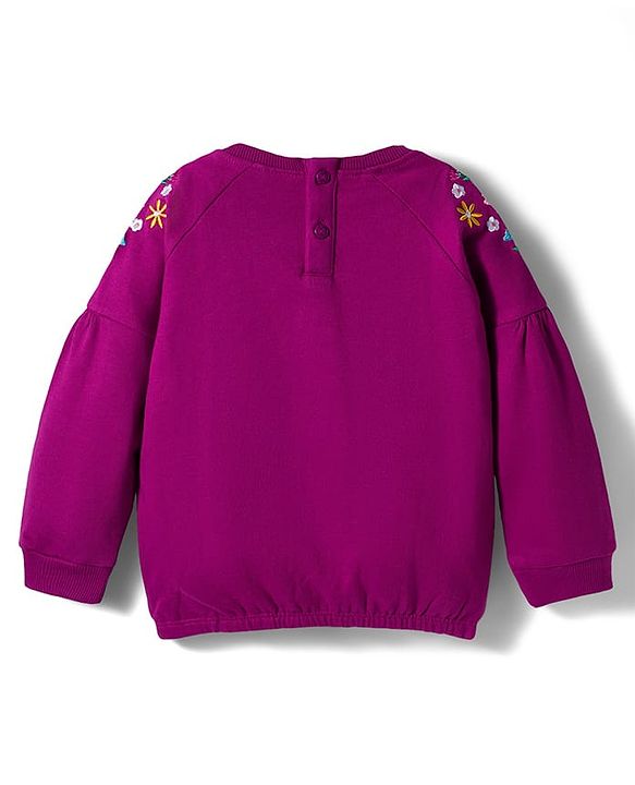 Babyhug Cotton Knit Full Raglan Sleeves Sweatshirt With Animal & Floral Embroidery - Purple