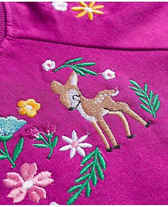 Babyhug Cotton Knit Full Raglan Sleeves Sweatshirt With Animal & Floral Embroidery - Purple