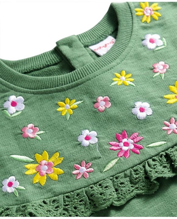 Babyhug Cotton Knit Full Sleeves Sweatshirt With Floral Embroidery - Green