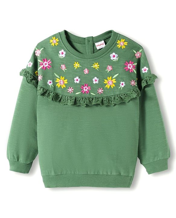 Babyhug Cotton Knit Full Sleeves Sweatshirt With Floral Embroidery - Green